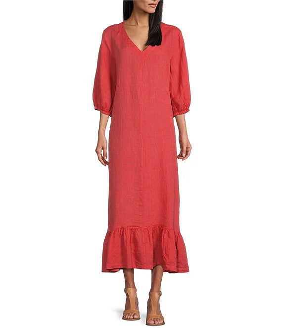 Bryn Walker Lana Cross-Dyed Linen V-Neck 3/4 Puff Sleeve Ruffle Hem Sh Trendy Twist Boutique Bryn Walker Lana Cross-Dyed Linen V-Neck 3/4 Puff Sleeve Ruffle Hem Sh Trendy Twist Boutique