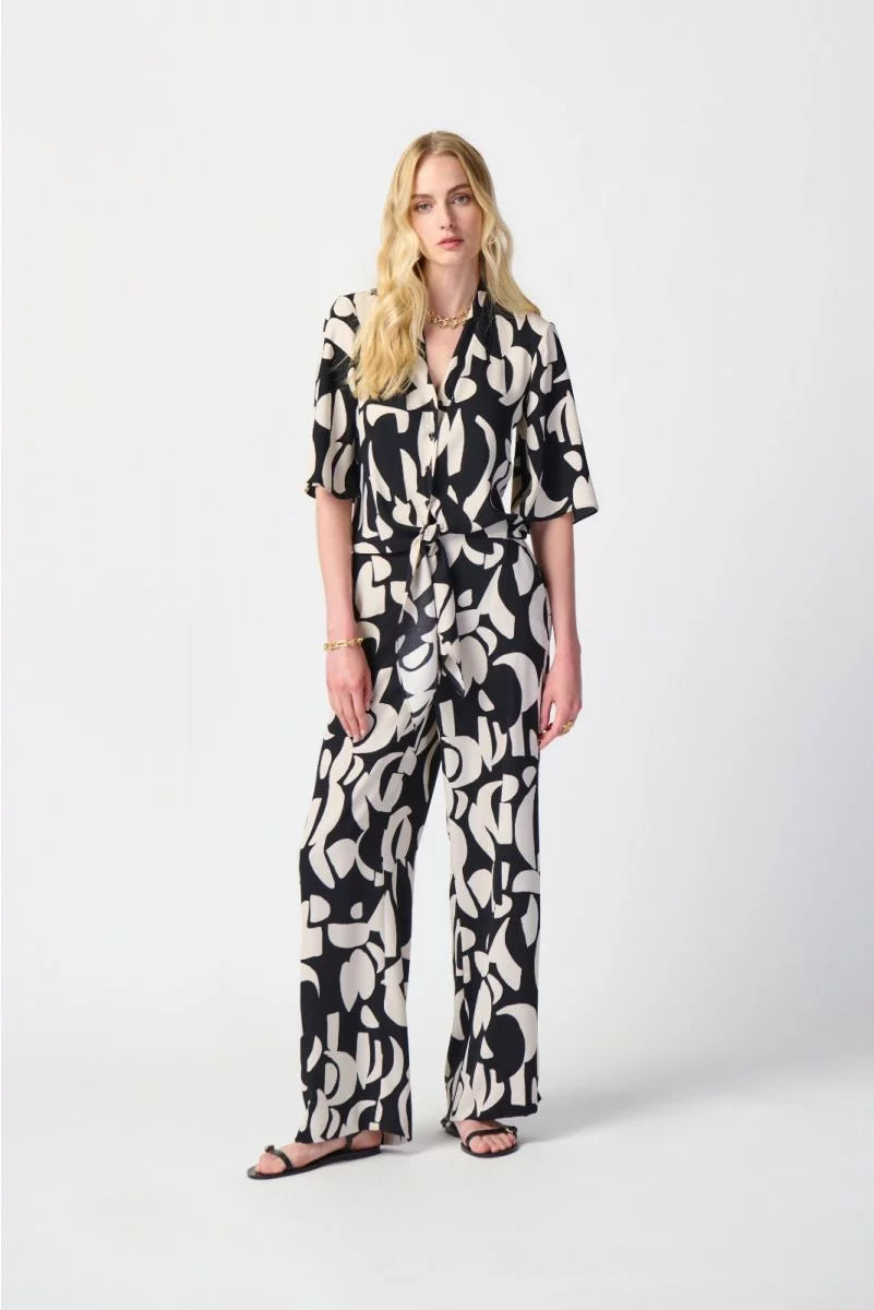 Joseph Ribkoff Black/Moonstone Abstract Print Wide-Leg Pants