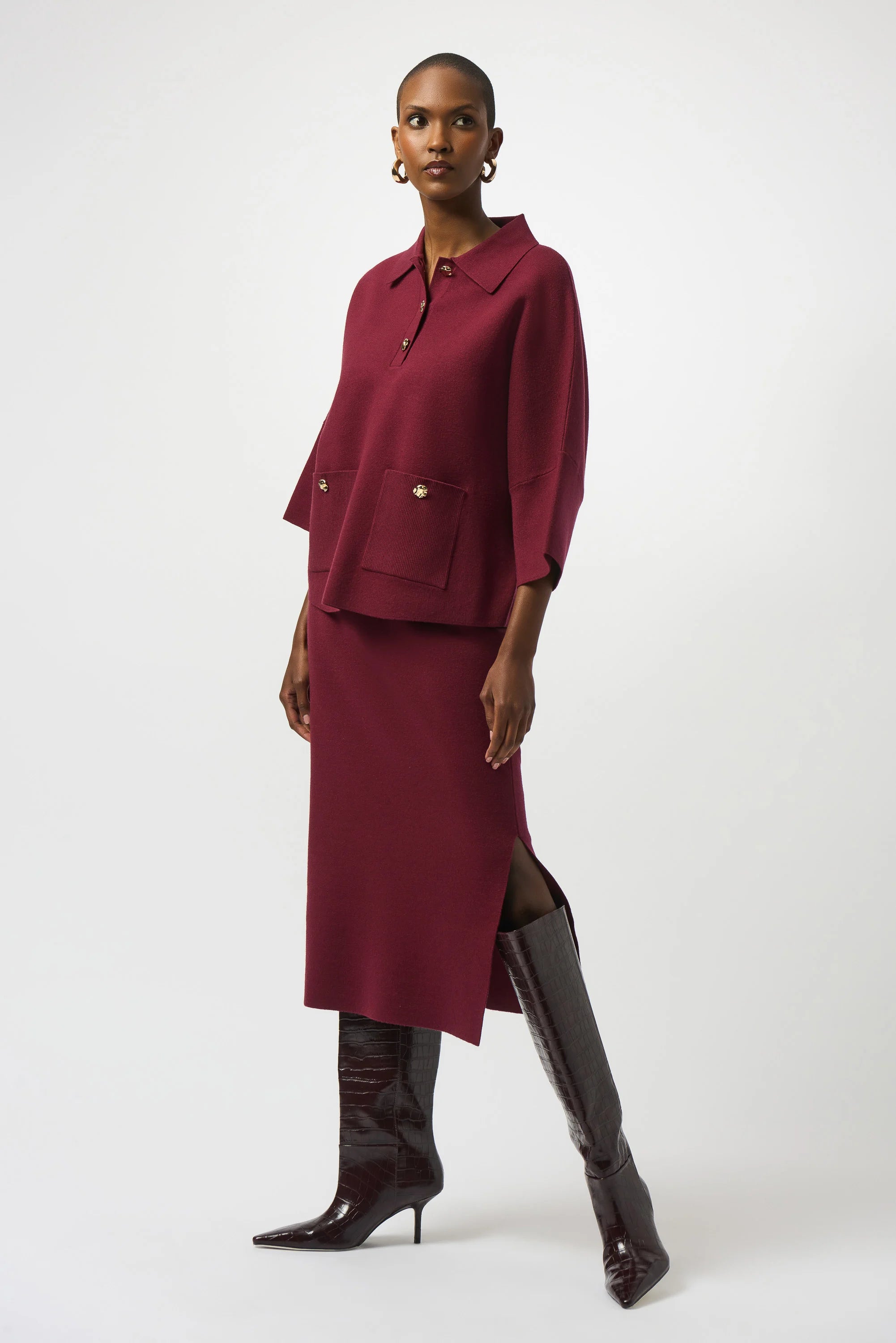 Joseph Ribkoff Sweater Knit Boxy Pullover with Polo Collar & Knit Midi Skirt (Sold as a Set)