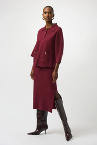 Joseph Ribkoff Sweater Knit Boxy Pullover with Polo Collar & Knit Midi Skirt (Sold as a Set)
