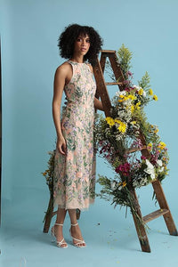 maggy london women's garden embroidered mesh halter midi dress Embroidered Floral Halter Neck Dress (Women)
