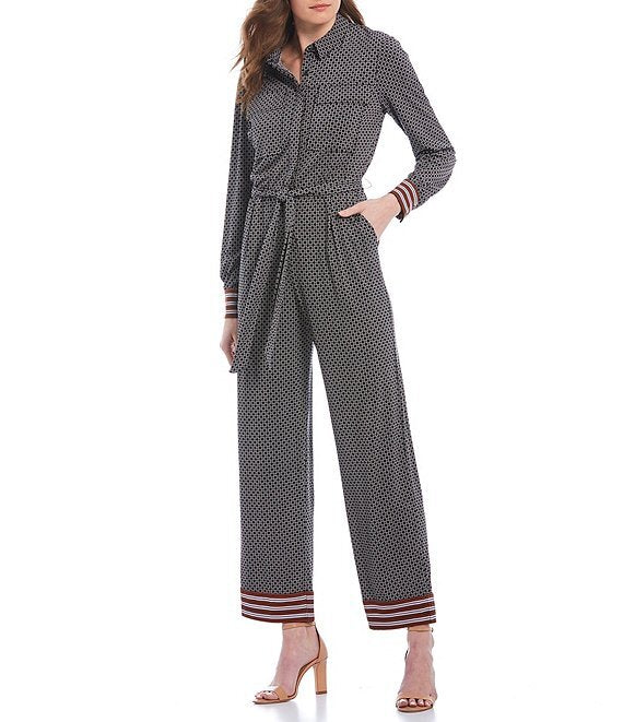Donna Morgan Matte Jersey Geometric Pattern Stripe Trim Detail Jumpsuit