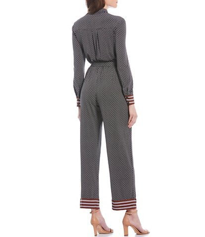 Donna Morgan Matte Jersey Geometric Pattern Stripe Trim Detail Jumpsuit