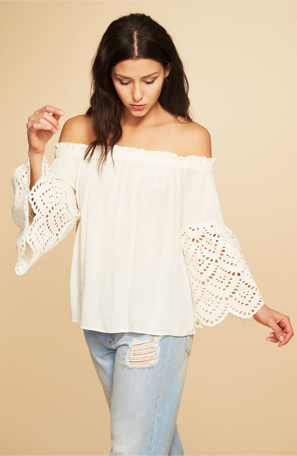 1. State Off Shoulder Blouse with Eyelet Sleeves