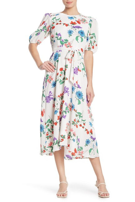 Donna Morgan Floral Bubble Sleeve Crepe High/Low Midi Dress