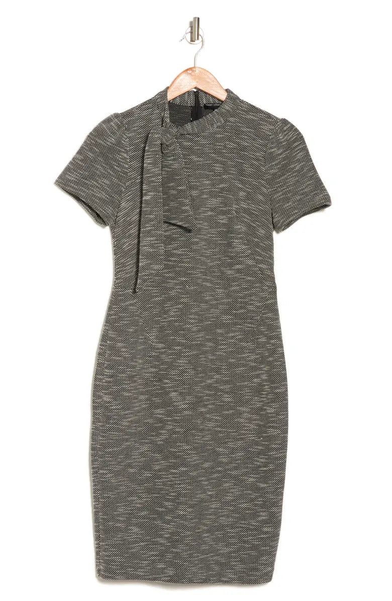 Maggie London Short Sleve Tie Neck Midi(Tweed)