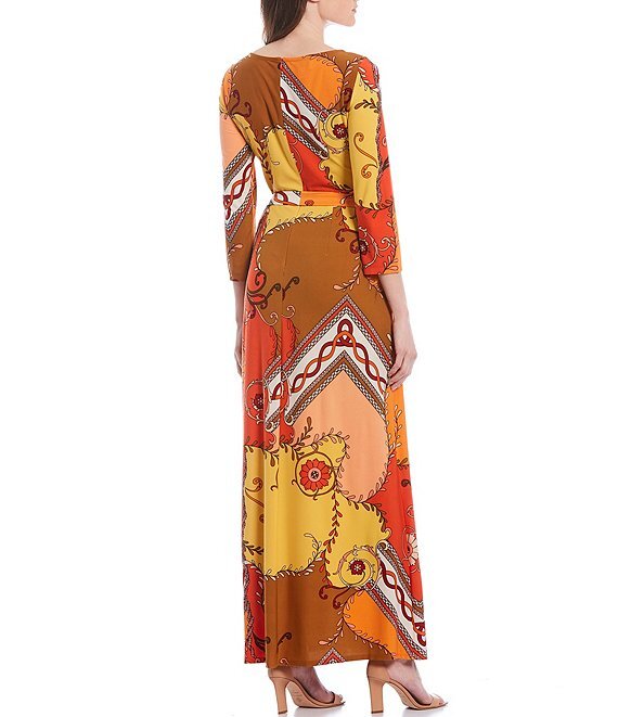 Donna Morgan Vienna Belted Matte Jersey Colorblock Pattern Print Maxi Dress