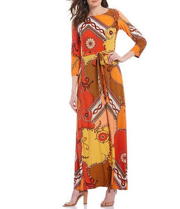 Donna Morgan Vienna Belted Matte Jersey Colorblock Pattern Print Maxi Dress