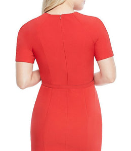 Maggy London Jewel Neck Belted Ladder Trim Detail Crepe Sheath Dress