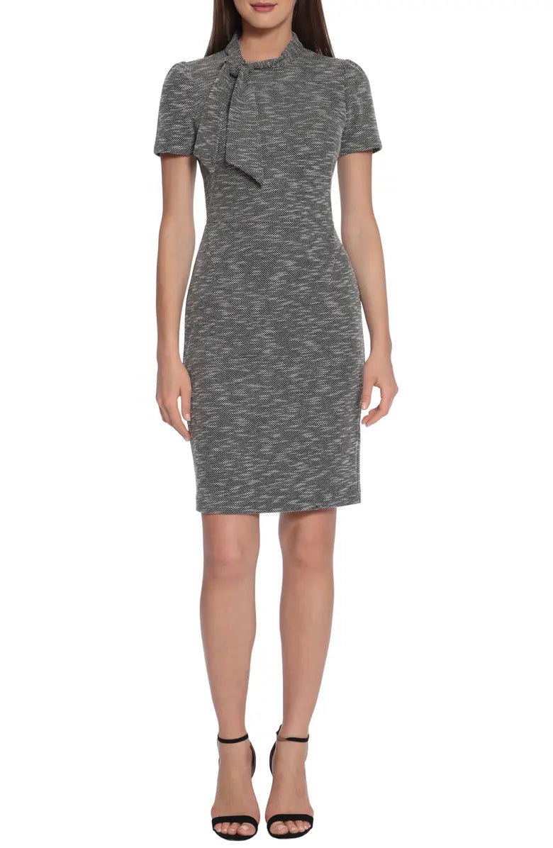 Maggie London Short Sleve Tie Neck Midi(Tweed)