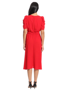 London Times Shirred Jewel Neck Midi Dress