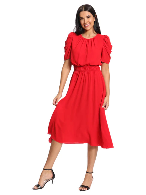 London Times Shirred Jewel Neck Midi Dress