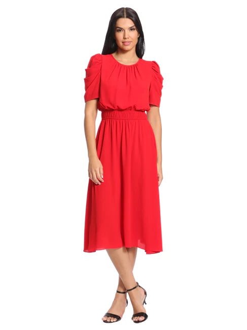 London Times Shirred Jewel Neck Midi Dress